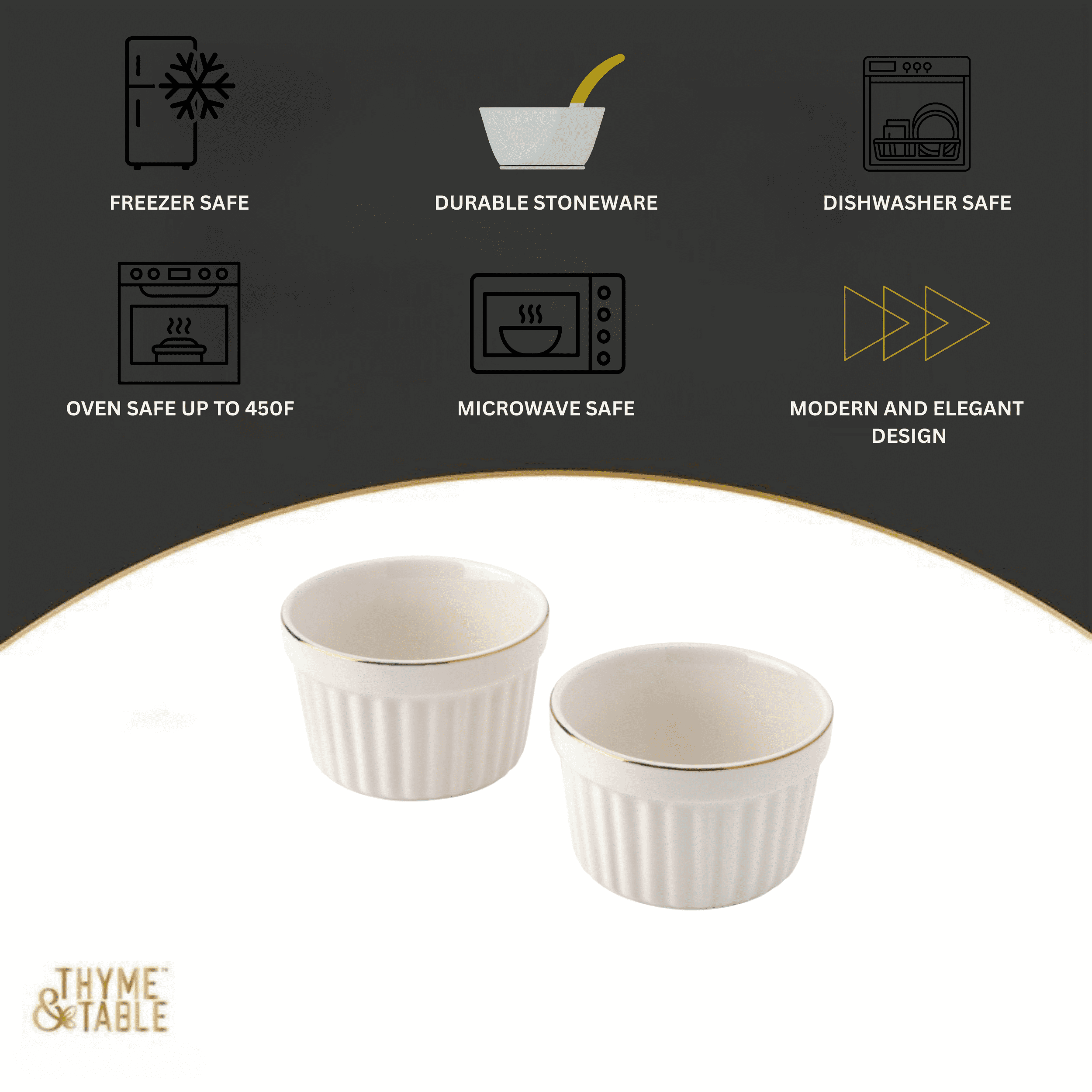 Thyme & Table Stoneware Ramekin Set, 2-Piece, 10 oz, White Ribbed