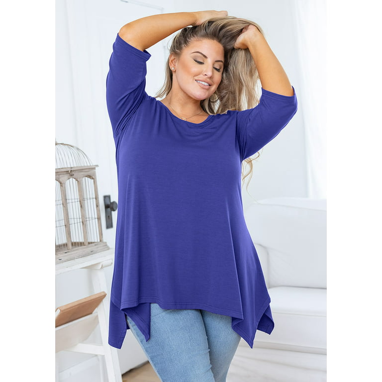 SHOWMALL Plus Size Women Top 3/4 Sleeve Clothes Royal Blue 1X Blouse Swing  Tunic Crewneck Loose Clothing Shirt for Leggings