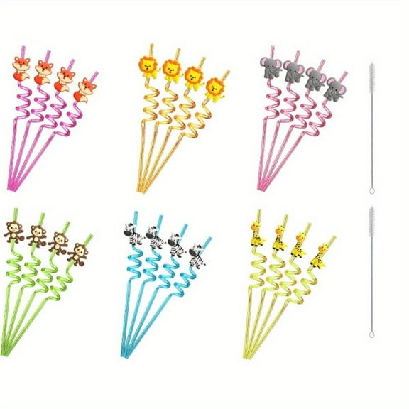 24 PCS Straws Party Bend Straws Jungle Animal Straws Birthday Party Banquet Holiday Favors Reusable Straws Jungle Party Favors Comes with 2 Cleaning Brushes Holiday Party Favors