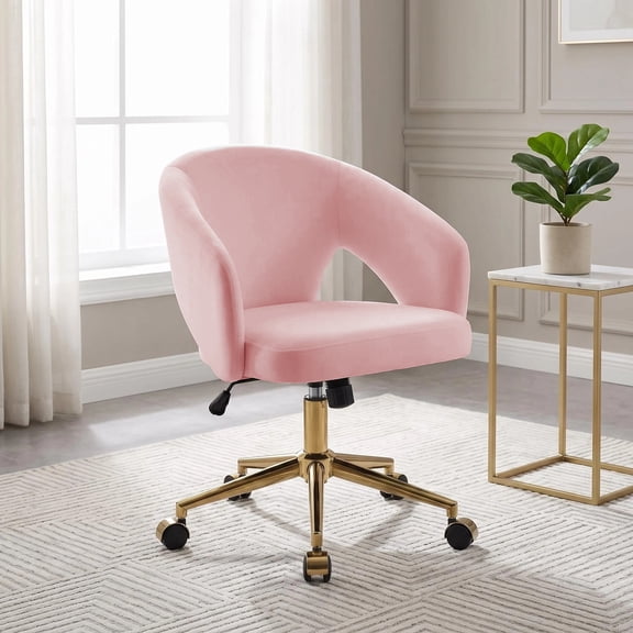 Peispie Modern Velvet Office Chair with Gold Base, 360 Swivel Adjustable Rolling Desk Chair, Ergonomic Makeup Vanity Chair with Wheels for Bedroom Home Office, Pink