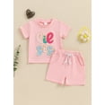 thumbnail image 2 of Suealasg Toddler Baby Girls Matching Outfits Sets Short Sleeve Letter Embroidery Tops Solid Color Shorts Sets 2Pcs Lil Sister Summer Clothes, 2 of 8