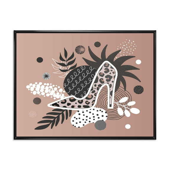 Designart 'Leopard High-Heeled Shoes On Tropical Leaves' Modern Framed Canvas Wall Art Print