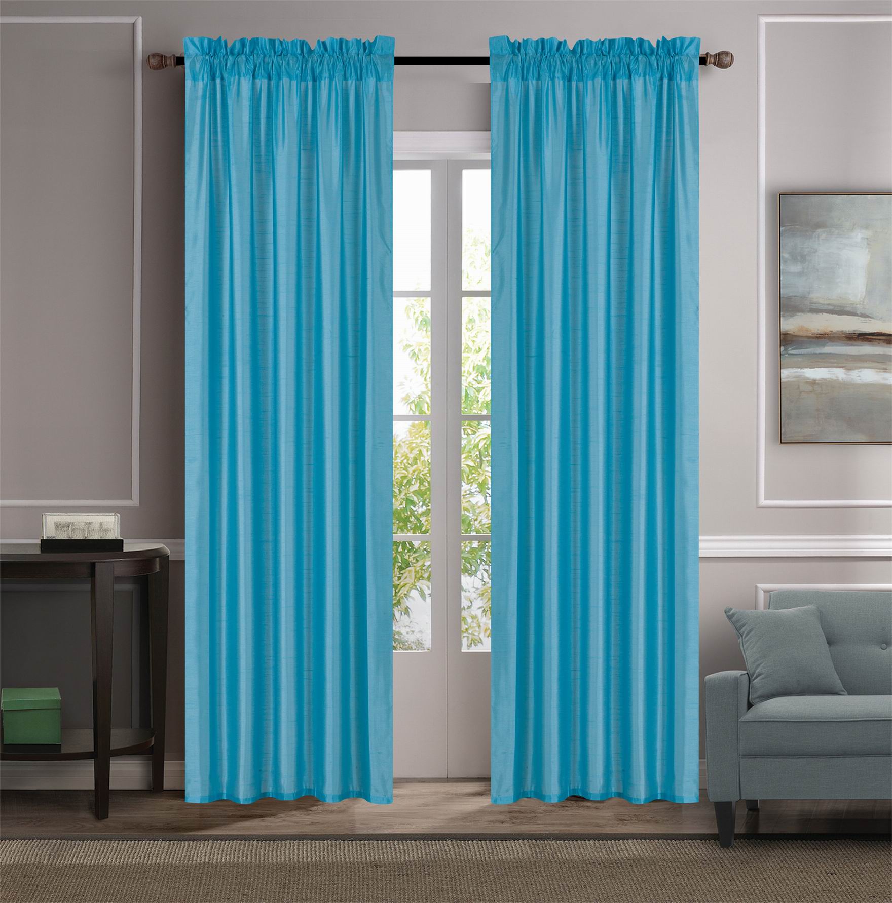 LOVELY ELEGANT 2PC MR2 TURQUOISE CURTAIN SEMI SHEER VOILE ROD POCKET