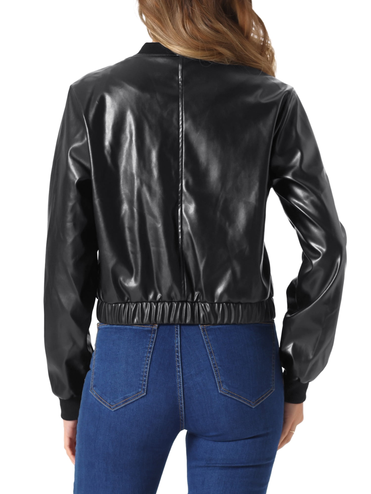 INSPIRE CHIC Faux Leather Bomber Jacket for Women's Moto Bike Zip Up PU Cropped Coat
