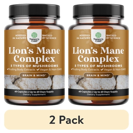 (2 pack) Natures Craft Lion’s Mane Complex Nootropic Brain Support Supplement with Shiitake and Reishi 60 Ct