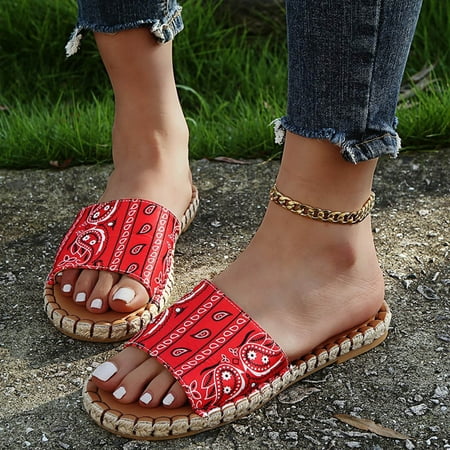 

Women S Slippers Women S Fashion Printed One-Floor Tow Hemp Rope Flat-Bottom Large Size Slippers Shoes For Women Cloth Red 41