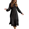 thumbnail image 1 of Vestido Fruncido Busto Puño Liso Mangas De Linterna Elegante Cómodo Vestido De Mujer De Longitud Media Negro L, 1 of 6