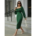 thumbnail image 4 of EILLY BAZAR Women's Lantern Sleeve Button Front Split Back Satin Dress Green M, 4 of 5