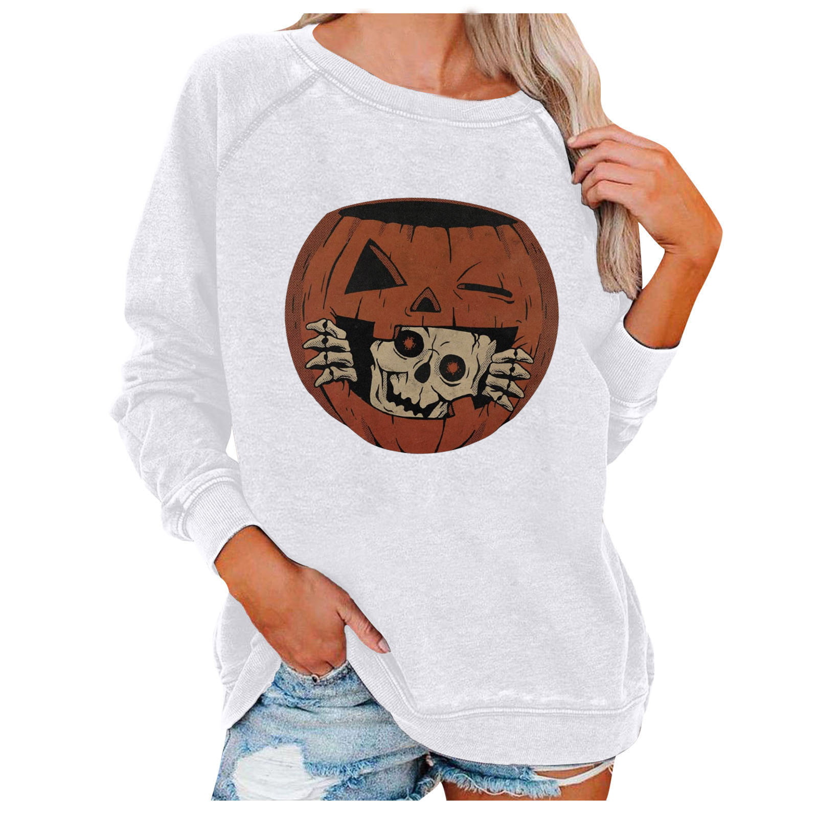 Meikosks Pumpkin Skull Sweatshirt Womens Long Sleeve Loose Tops Halloween Casual Pullover 