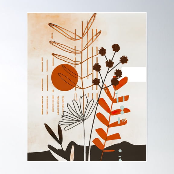 New Boho Art Plants - Modern Abstract Art Floral - Red, Brown And Warm Tones Poster Wall Art, Modern Wall Decor For Living Room Bedroom, 8x12 UNFRAMED
