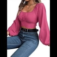 thumbnail image 2 of Blusa Corta con Volantes, Cuello Cuadrado y Fruncido para Mujer, Larga y Lazo Anudado Rosa Roja XL, 2 of 10