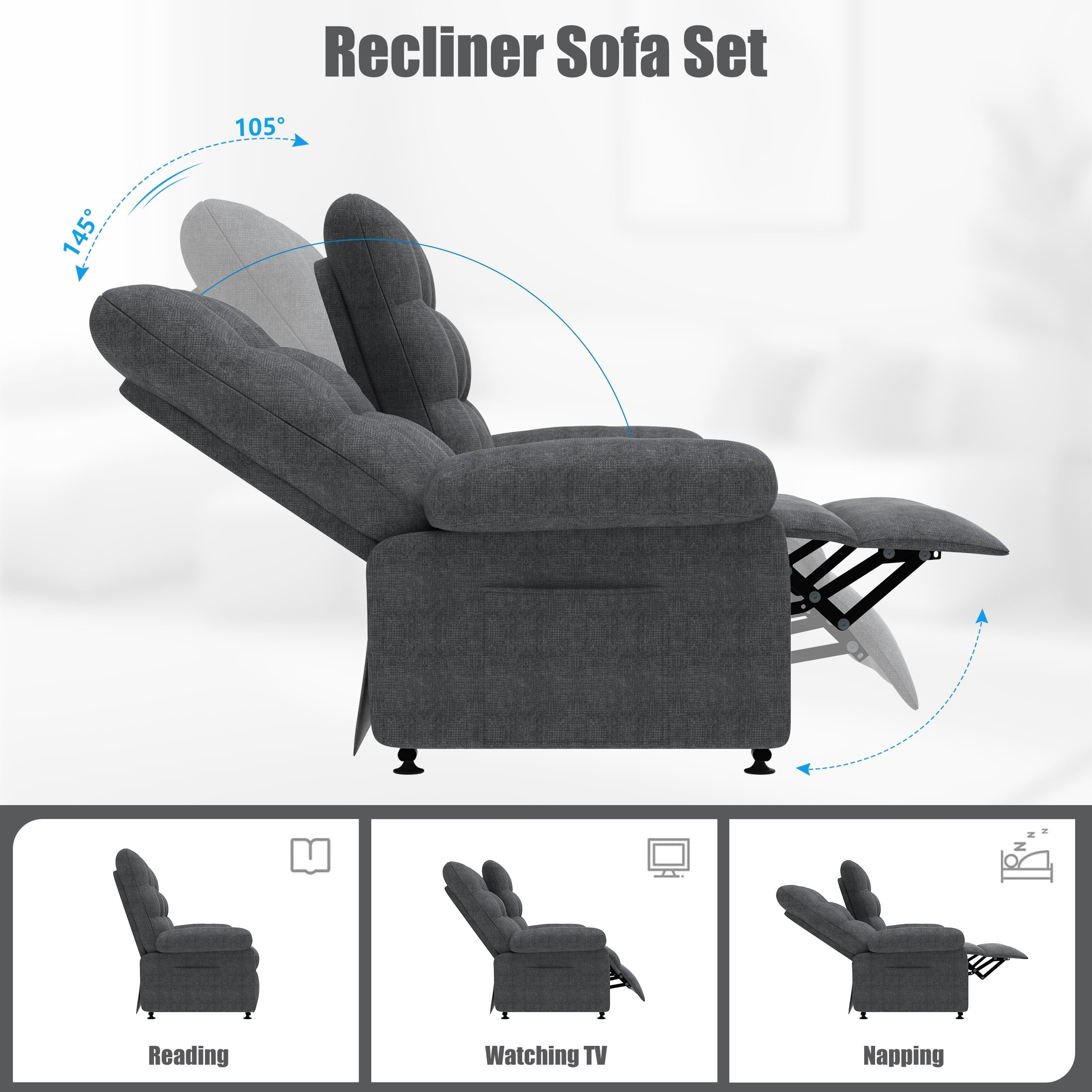 Loveseat Recliner, 2 Seat Electric Reclining Loveseat with Remote Control and Side Pocket for Adults and Elderly, Ergonomic Lounge Sofa for Living Room Home Theater, Gray