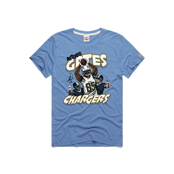 Unisex Homage Antonio Gates Powder Blue Los Angeles Chargers Caricature Retired Player Tri-Blend T-Shirt