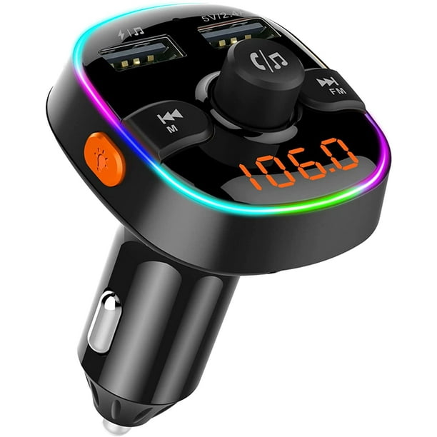 Transmetteur FM Bluetooth, 7 couleurs LED Bluetooth 5.0 Adaptateur  autoradio Kit lecteur MP3, avec chargeur allume-cigare avec deux ports USB  5 V/2,4 A et 1 A, prise en charge carte TF/disque U 