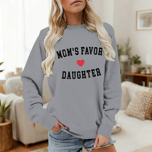 Chandail à Imprimé « Mom's Favor Daughter », Haut Décontracté de Mode pour Femmes à Col Rond et Manches Longues, Coupe Ample, Chandail à Enfiler avec Motif Attendrissant pour Tenues Assorties Mère-Fille Gris m