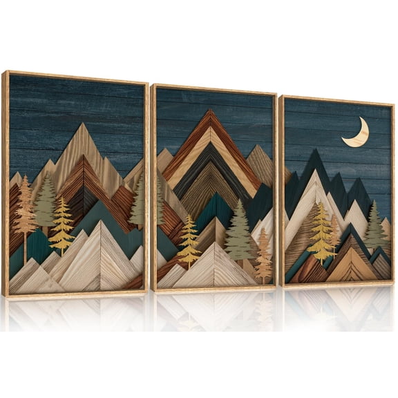 UNFFRAMED Luvia Set of 3 Mountain Woodcut Poster Wall Art, Vintage Wilderness Landscape Decor with Pine Trees and Blue Modern Prints for Living Room, Bedroom, or Farmhouse Set 3 Prints 8x12