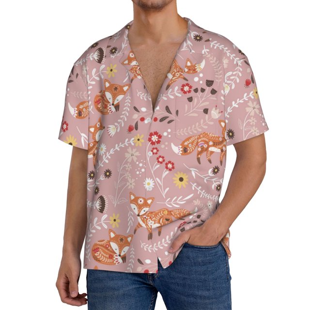 Fotbe Beautiful Fox Camisa Estampada de Manga Corta para Hombre, Casual de Verano, Estilo Playero, Sin Arrugas-Medium
