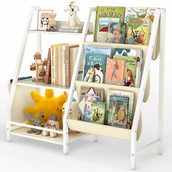 SUGIFT 3 Tier Kids Bookshelf, Toy Storage Organizer with Side Pockets, Bookcase for Kids Bedroom and Nursery, White