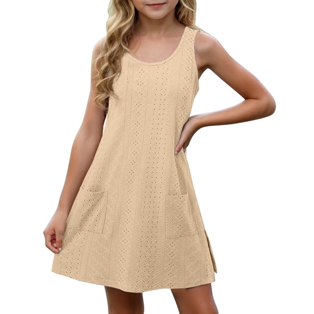 Tranfacy Robe d'Été pour Filles, Robe Sans Manches pour Tout-Petites Filles, Robe Mignonne Unie Extensible à Bretelles pour Tout-Petits avec Poches, Robe Trapèze