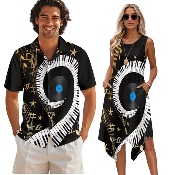 Psesaysky Swirl Piano Music Note Sleeveless Dress Womens Summer A Line Flared Midi Sundress with Pockets,Mens Hawaii Aloha Shirts Work Top,Couples Matching Outfit for Music Party