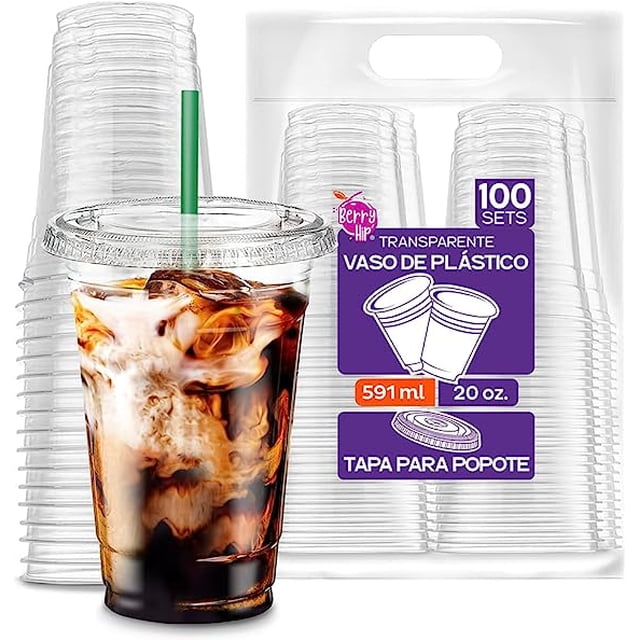 100 Vasos de Plastico de 20 oz (591 ml) con Tapa Plana, Perfecta para Popotes,Transparentes, Café, Chocolate, Bebidas Frias, Batidos, Malteadas