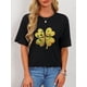 thumbnail image 1 of Women's Lucky Clover Graphic T-Shirt - Casual White Crew Neck Short Sleeve Top with Vibrant Golden & Green Print, Lightweight Polyester Blend, Machine Washable - Perfect for St. Patrick's Day Fashion, 1 of 7