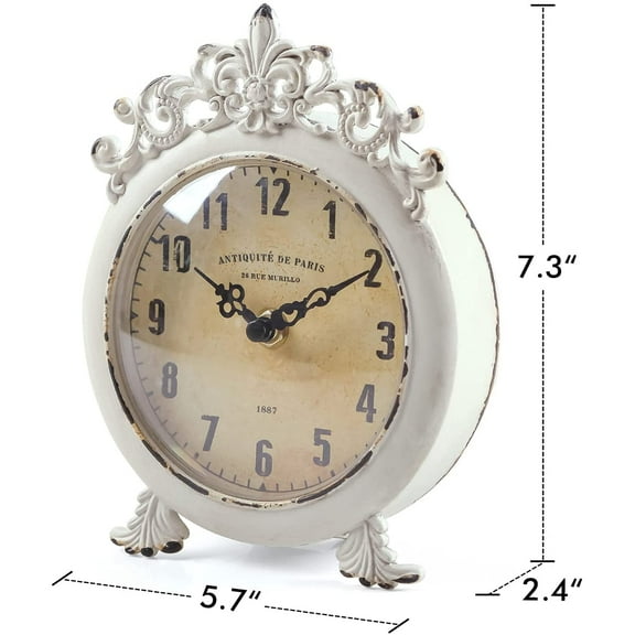 Vintage Table Clock, Battery Operated Round French Design, Rustic Beige Decor for Home, Desk, Shelf