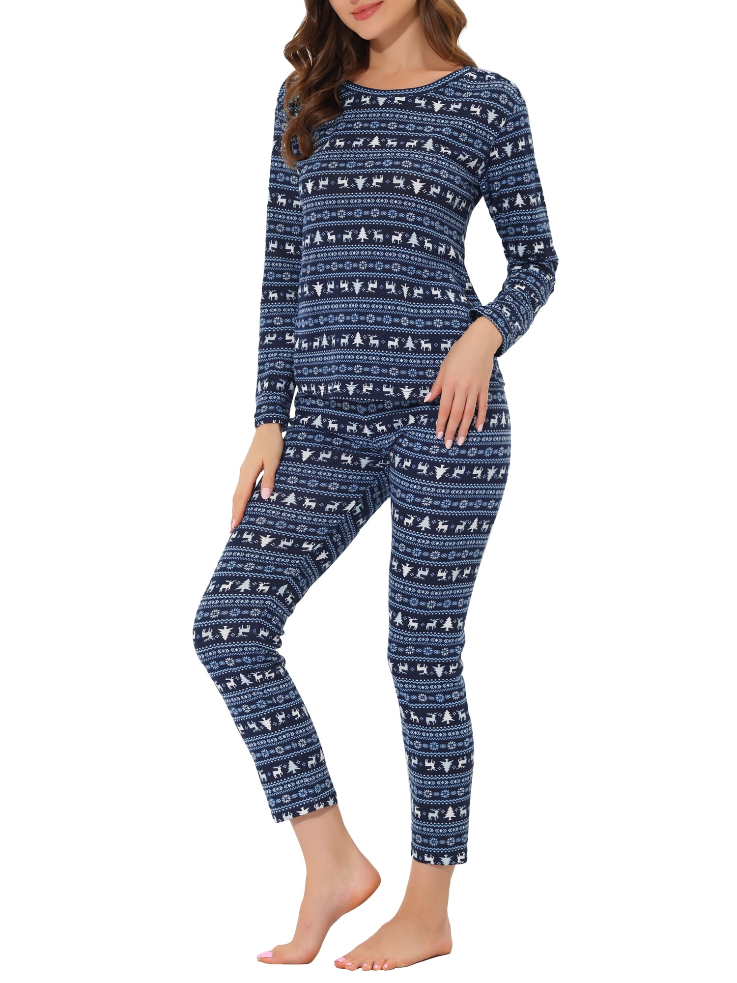 Unique Bargains Women's Pajama Soft Round Neck Nightwear Elk Lounge Sleepwear Sets