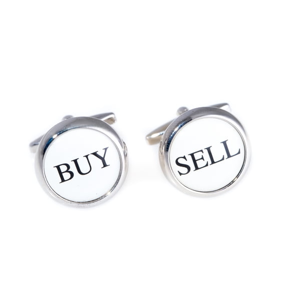 Rhodium Plated Round "Buy & Sell" Cufflinks.