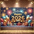 thumbnail image 3 of Gold Star Design Happy New Year Banner Firework Pattern 2026 New Year Display Colorful Balloons Gift Box Decor New Year Backdrop for New Year Party Holiday Celebration Indoor Decoration, 3 of 9