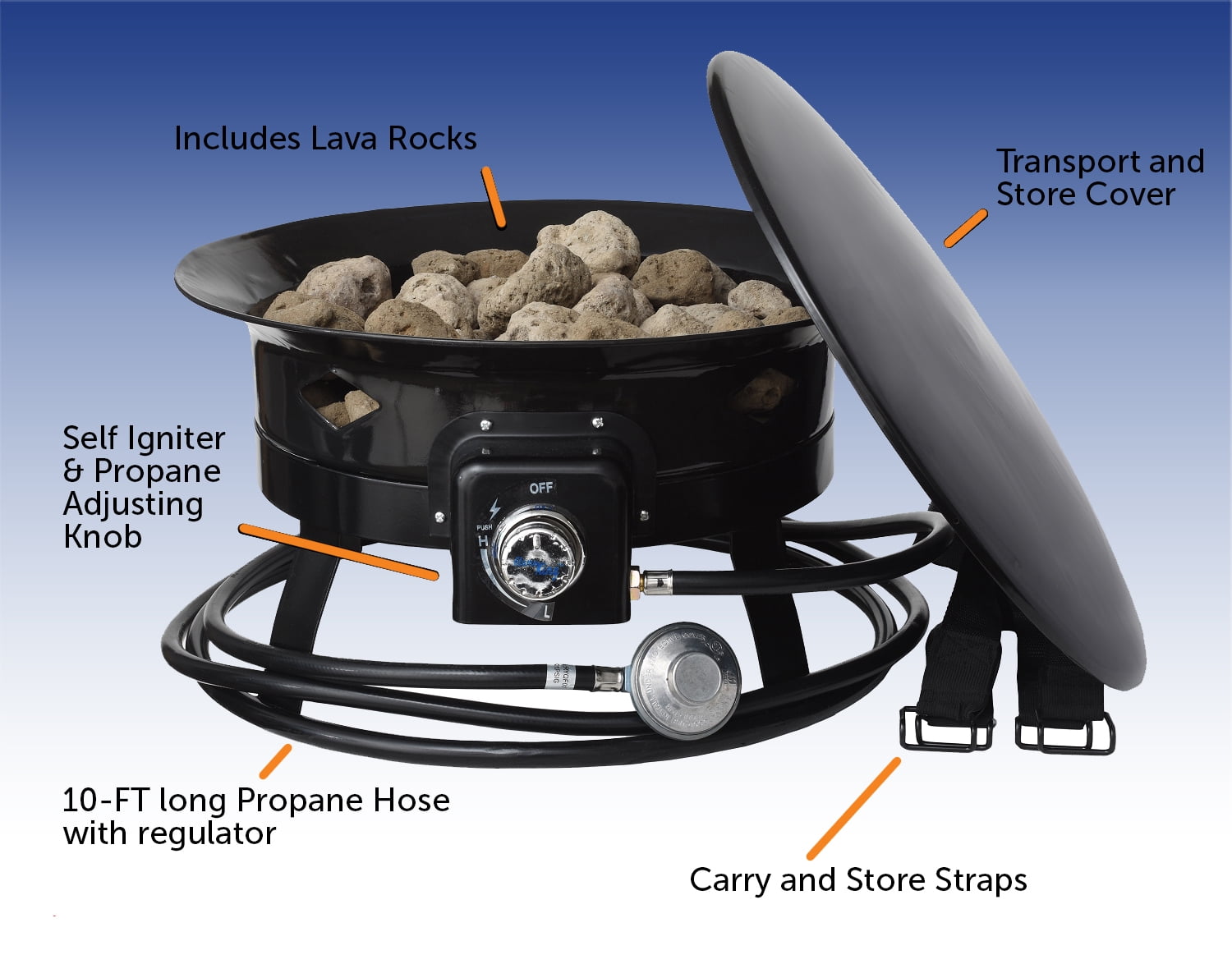 Flame King Portable Propane Fire Pit, 19 inch, Smokeless, Self-Igniting, 58,000 Btu