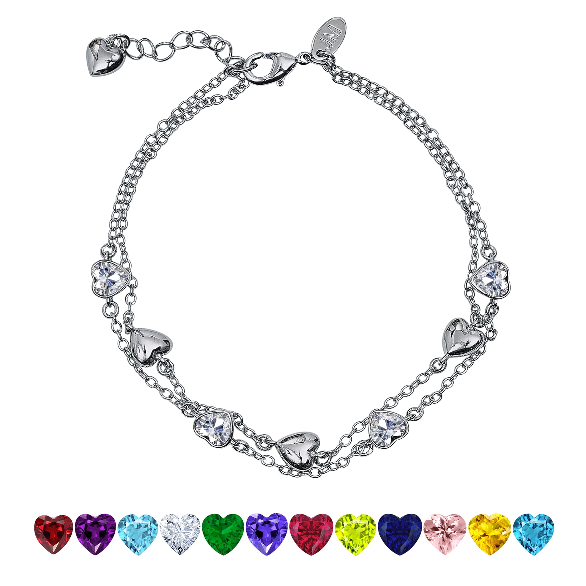 JeenMata 3 Carat April Birthstone Heart Bracelet - Double Heart Bracelet in 18K White Gold Plating for Women