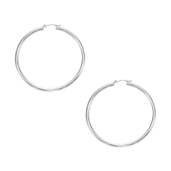 10K White Gold 2x40mm Shiny Round Hoop Earrings with Hinged