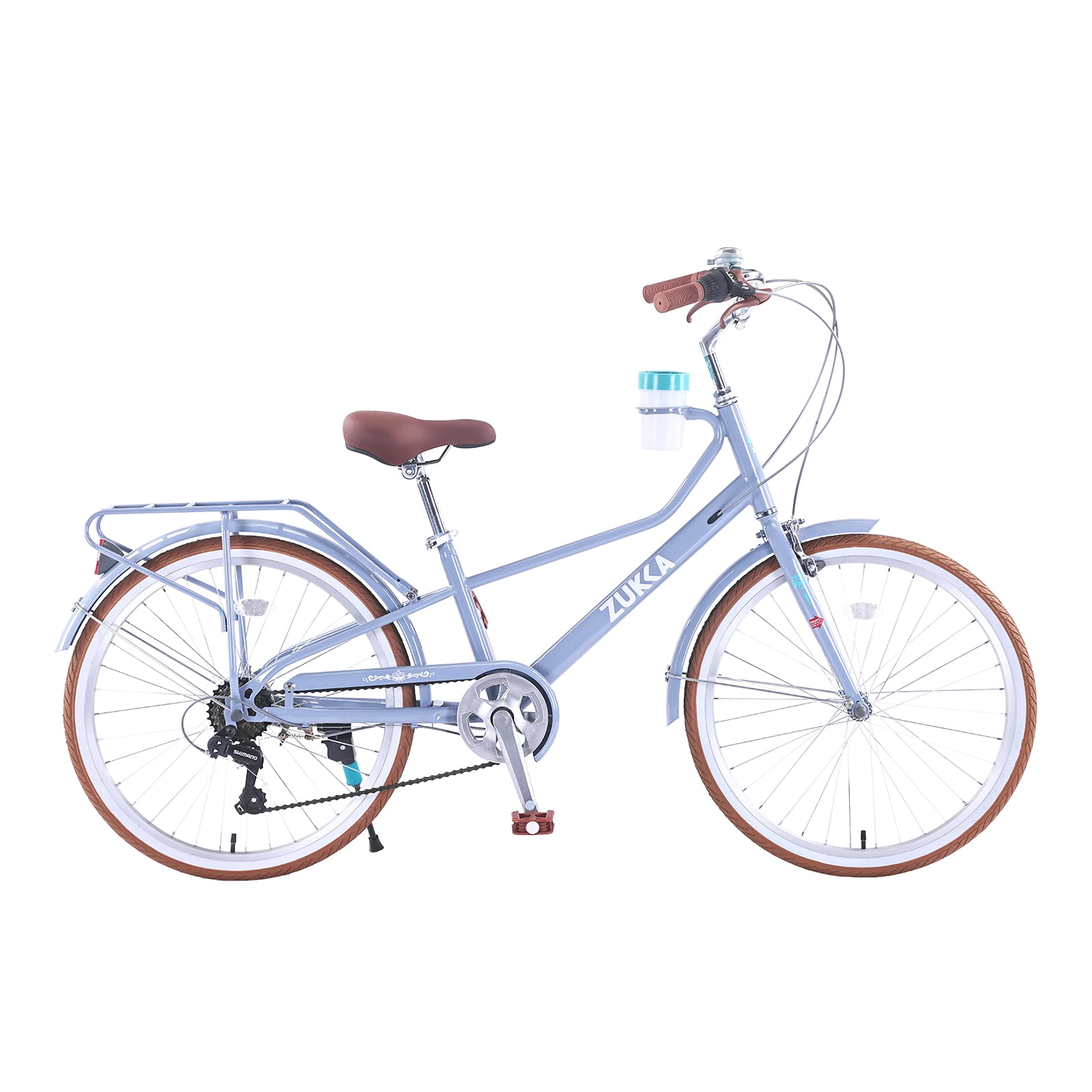24 Inch Women's Cruiser Bike, 6 Speed Step-Through Commuter Bicycle with Rear Rack & Cup Holder, Adult City Bike