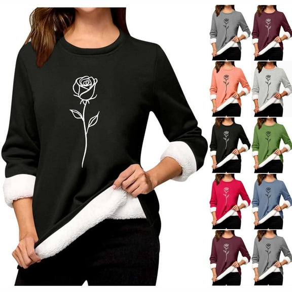 Feancey Thermal Underwear for Women Fleece Lined Pajama Tops Winter Casual Floral Print Crewneck Sweatshirts Comfy Fuzzy Warm Long Sleeve Undershirts Black XXL