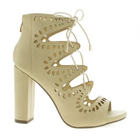 

Teller by Delicious Geometric Cut Out Ghillie Lace Up Heeled Sandals