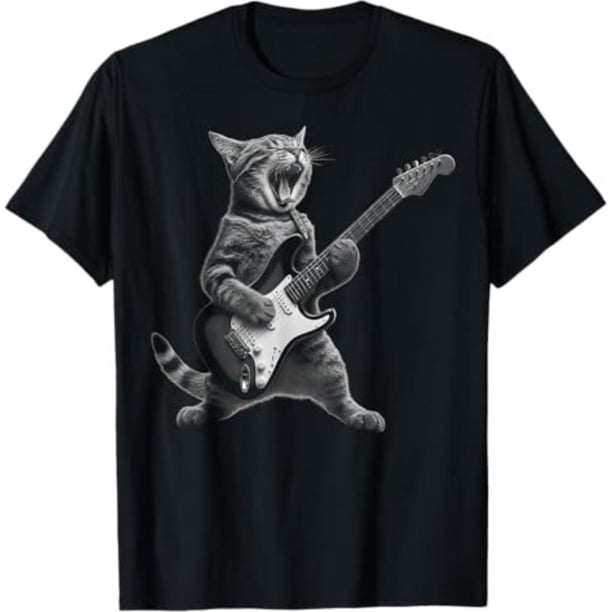 Summer t Shirts Cat Playing Guitar Rock Star Rock and Roll For Men Women Kid T-Shirt