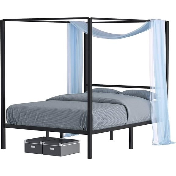 Dextrus Queen Size Metal Canopy Bed Frame 14" Platform, No Box Spring Needed, Black