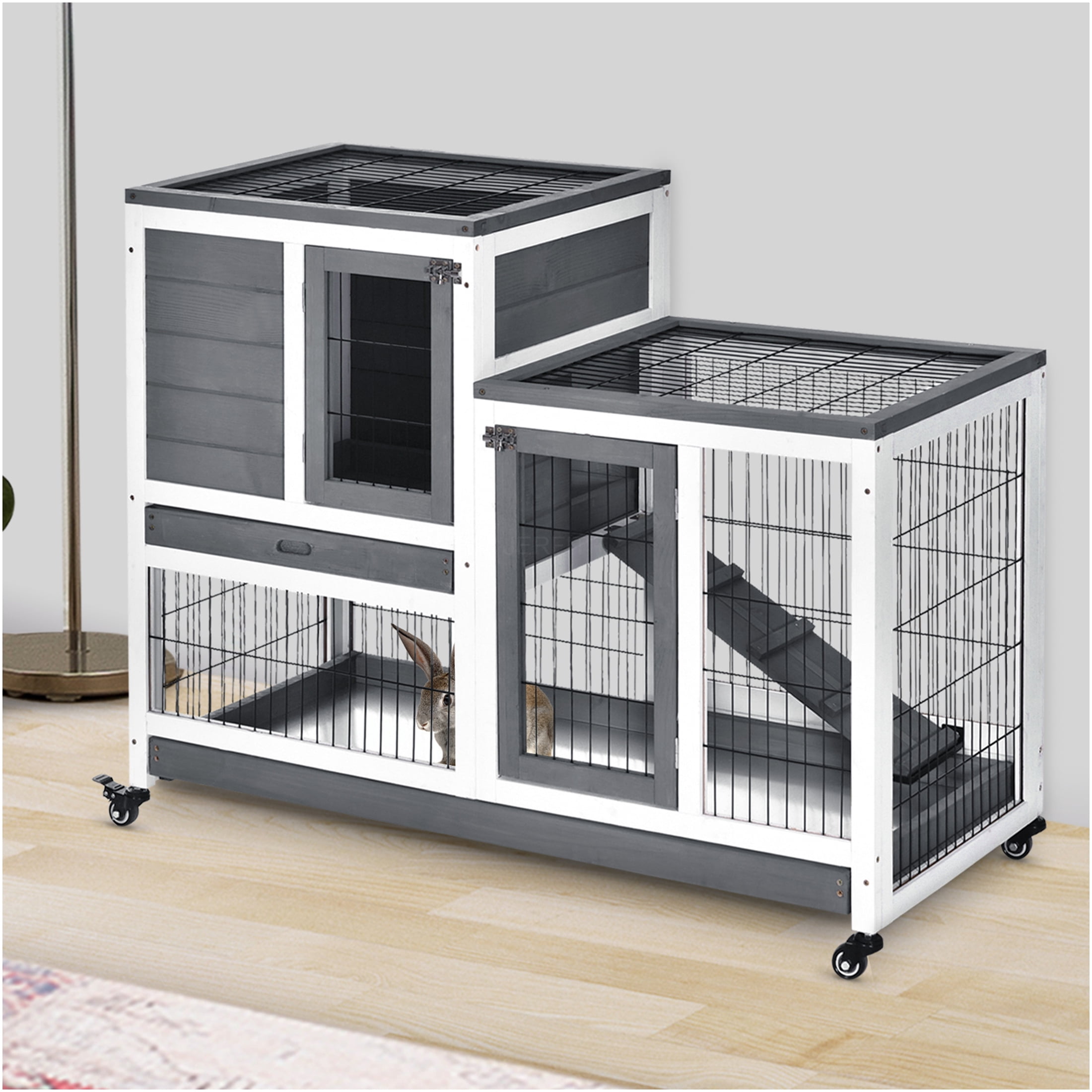JERFIT Elevated Wooden Rabbit Hutch with Outdoor Run, Wheels & Ramp, Grey Indoor Bunny Cage for Rabbits, Guinea Pigs, Small Animals
