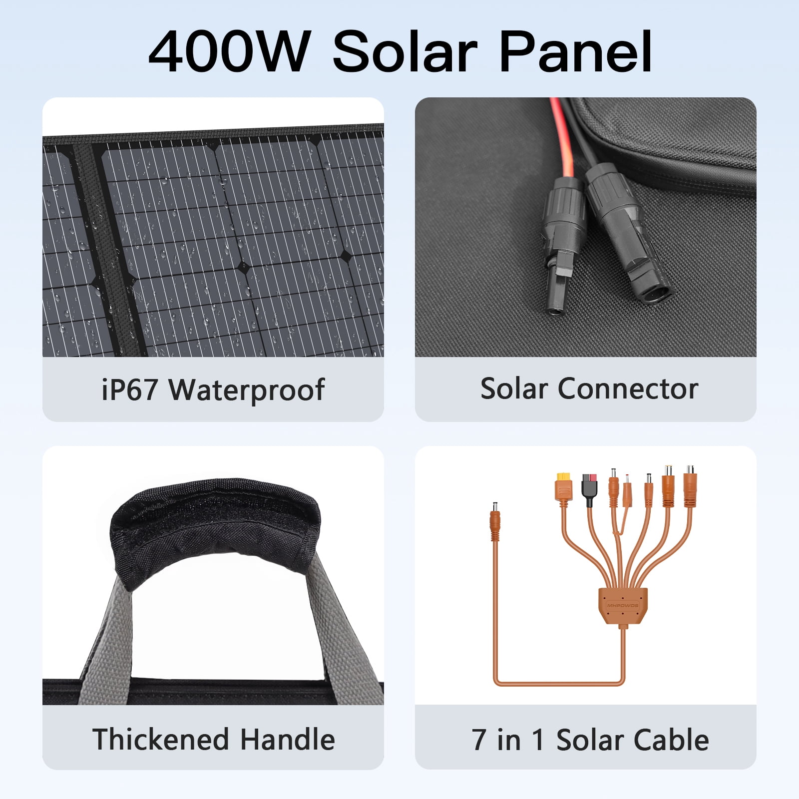 MHPOWOS 400W Portable Solar Panels Foldable Solar Charger with Adjustable Kickstand MC-4 Output IP67 for Portable Power Station Solar Charger Outdoor Camping Off Grid System Boat