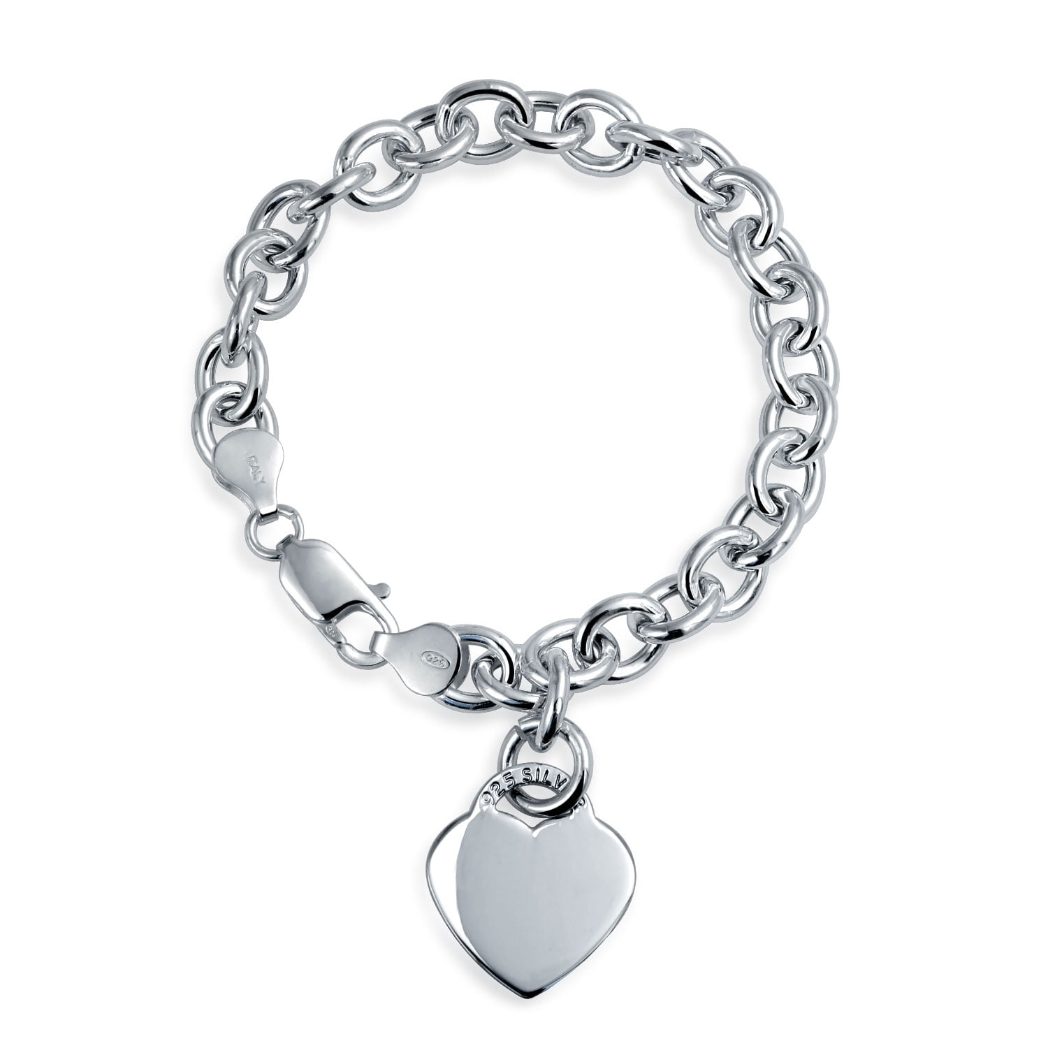 Solid Heart Shape Charm Tag Bracelet Engravable Sterling Silver Rolo