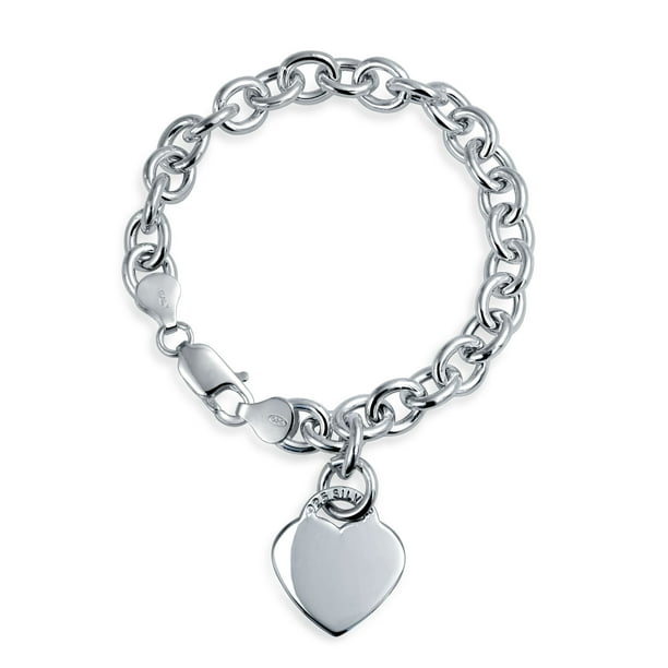 Personalized Substantial Solid Link Heart Shape Tag Charm Bracelet 7.5 Inch  for Women Teens .925 Sterling Silver Made in Italy Customizable