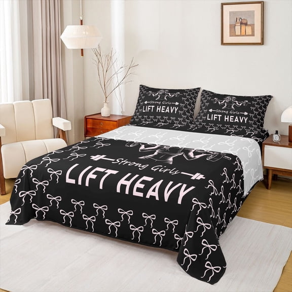 Feelyou Teens Lift Heavy Queen Sheet Sets, Cartoon Ribbon Bowknot Bed Set, 4pcs