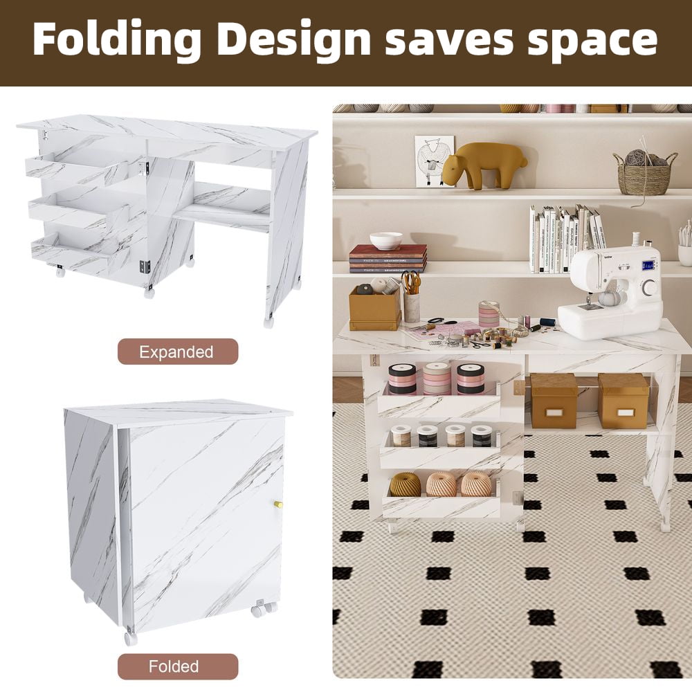 LUMAMIN Folding Sewing Table with Lockable Wheels, 4-in-1 Multipurpose Rolling Craft Station, End Table, Computer Desk & Kitchen Storage Cabinet,White