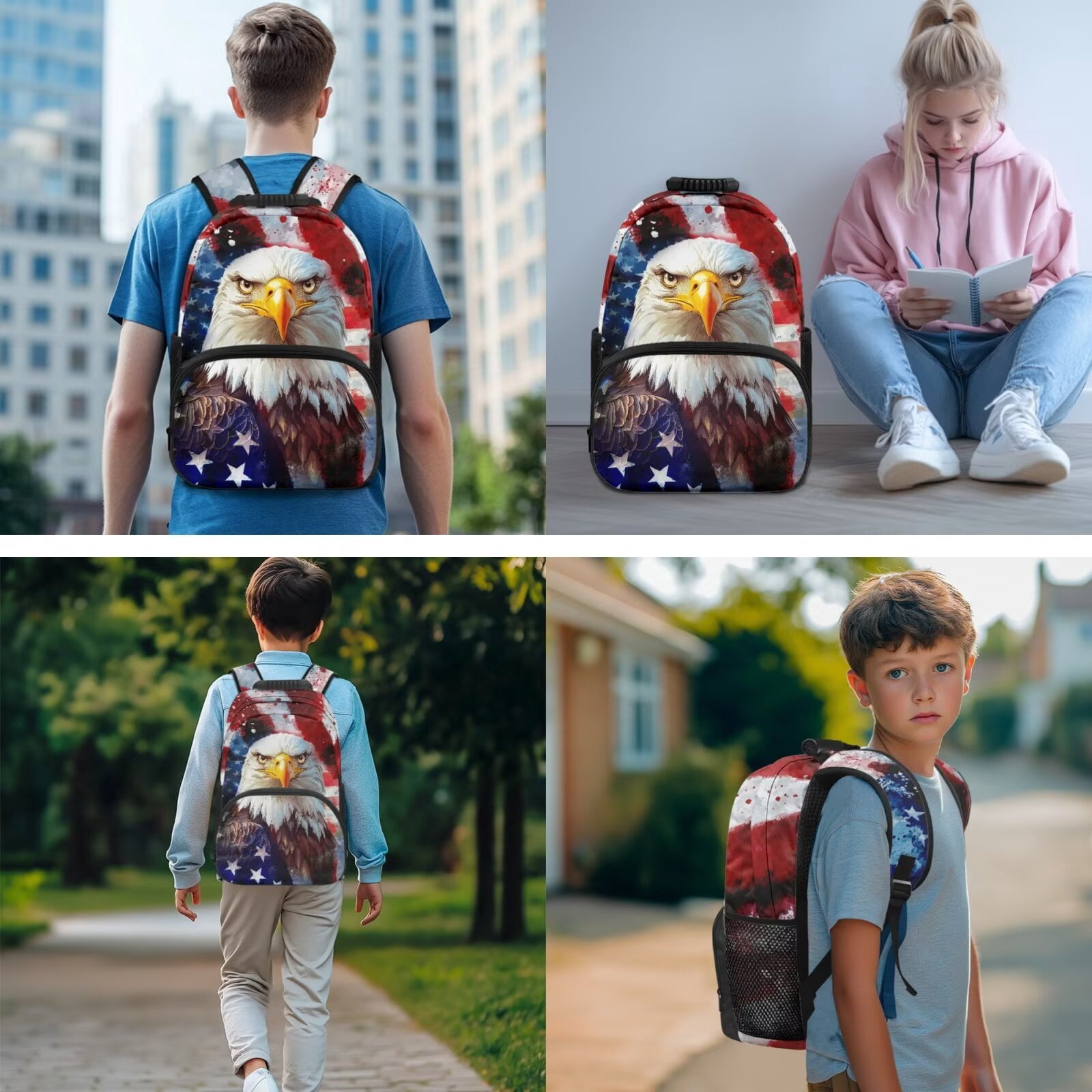 Pzuqiu American Flag Eagle Kids Backpack for Girls 4 Piece School Bookbag for Kids with Lunch Box Pencil Case 2pcs Bookmark 17 Inch Middle School Backpack Travel Rucksack