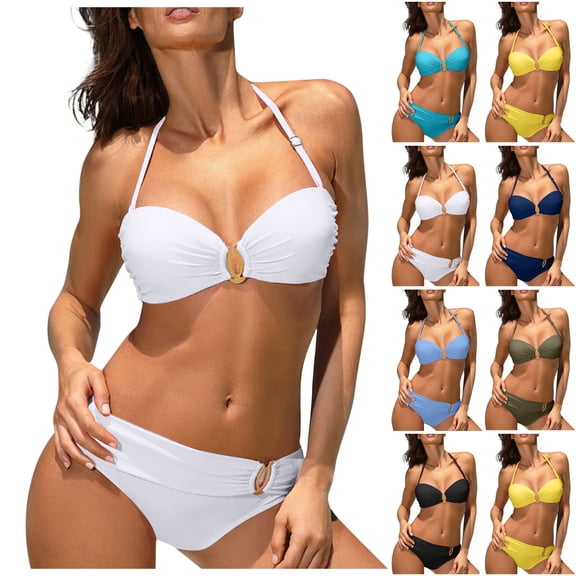 Women's Sexy Bikini Set Halter Neck Backless Solid Color Two Piece Swimsuit Beachwear for Vacation Summer Party,Army Green,L