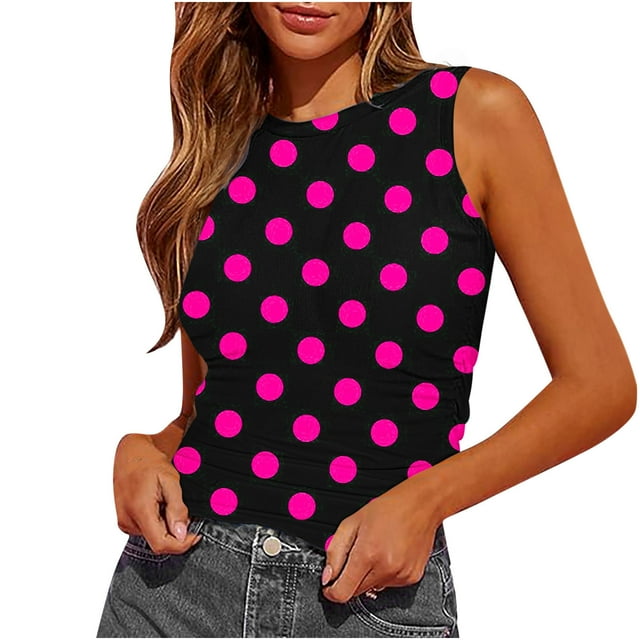 Plebaso Débardeurs d'Été pour Femmes Slim Imprimé Sans Manches Col Rond Tee-Shirts Froncés Blouses Décontractées pour Femmes