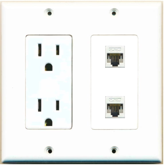 Ultra Spec Cables 15 Amp Power Outlet 2 Port Cat5e Ethernet Jack F/F Wall Plate