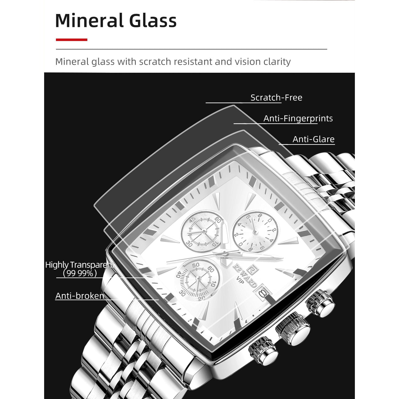 Square Watches for Men Silvery Stainless Steel Chronograph Fashion Business Watch Luminous Waterproof Casual Wrist Watches