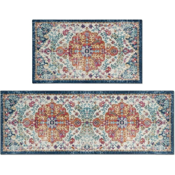 2 Piece Boho Kitchen Decor Rug Set, Vintage Bohemian Floral Rug for Kitchen Laundry Bathroom, Non-Slip Washable Hallway Runner Floor Mat 17x30 17x47 Inch Orange